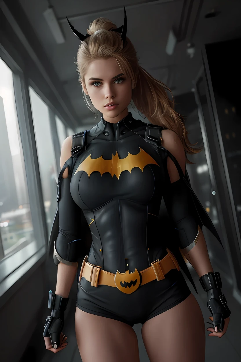 (Extremely detailed 8k wallpaper), bat girl sitting in a futuristic fighter jet cockpit, black futuristic fighter jet cockpit, sitting in black leather pilot seat, sitting in leather seat in cockpit, futuristic fighter jet cockpit:1.3, batgirl:1.2, confident, many switches and lights, long hair, bra, sexy top, short top:1.2, calm, modern futuristic clothing, complex, highly detailed, and dramatic, cinematic lighting, bright scene, soft lights, large breasts:1.4, nsfw:1.4, fit girl, lean girl, dark gray tight leather clothes, cleavage, batman logo:1.4