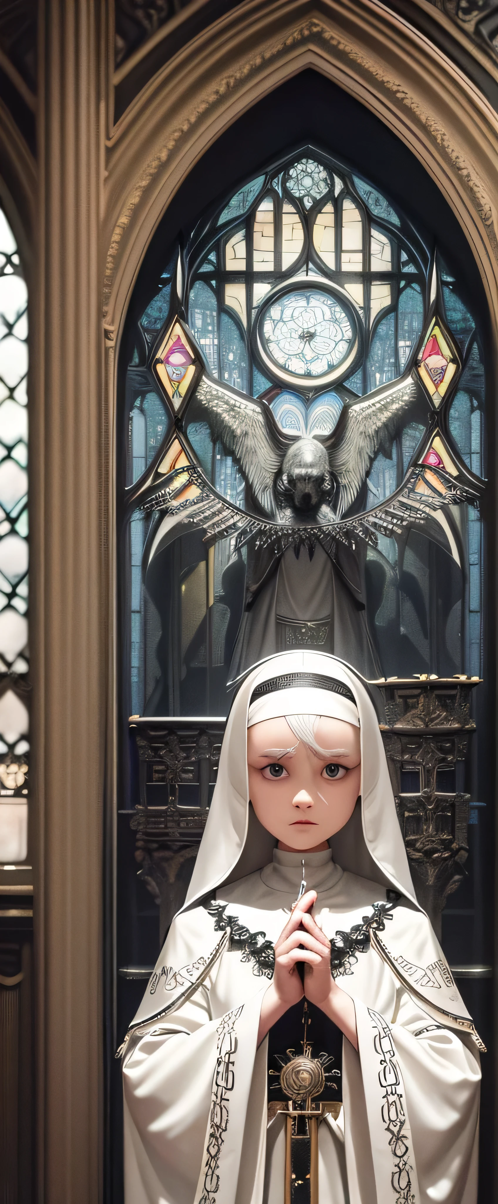 Majestic, masterpiece, best quality, ultra high resolution, Solo, (Upper Body), Ageless Nun, radiant white hair, intricate coif, braid, cross pendant, monastic robe, bible in hand, contemplative gaze, realistic and detailed eyes with flecks of age, long eyelashes, hanging eye corners, realistically aged skin, (Small), (Slim Body), church backdrop, gothic architecture, stained glass windows, dim lighting, award-standing, 16k, Unity CG wallpaper, (illustration: 0.8), (extremely detailed eyes: 1.6), perfect lighting, extremely detailed CG,