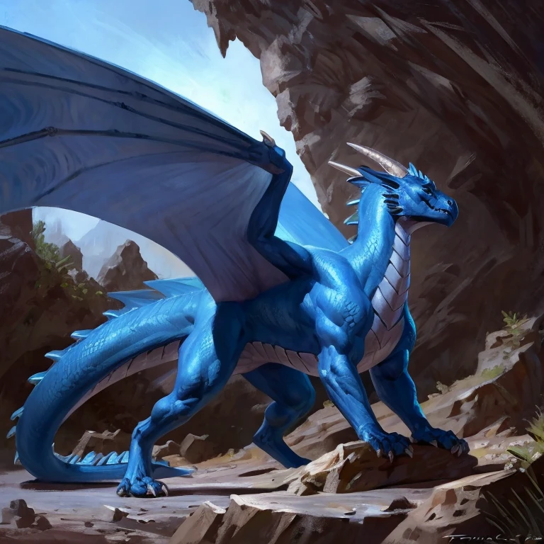 Detailed painting, by Taran Fiddler, solo, dragon, full body, feral, cave, blue scales, silver sheen, wings