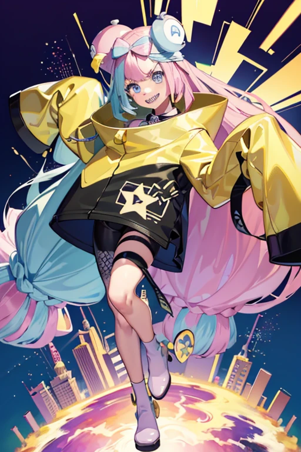 Highest quality、masterpiece、Anime Style、Pink hair and blue eyes、Baggy yellow jacket、Raise your right hand high、Lower your left hand、Stand with only your right foot、Lift your left leg。Sharp teeth、smile、With the city in the background、Purple to yellow gradient eyes