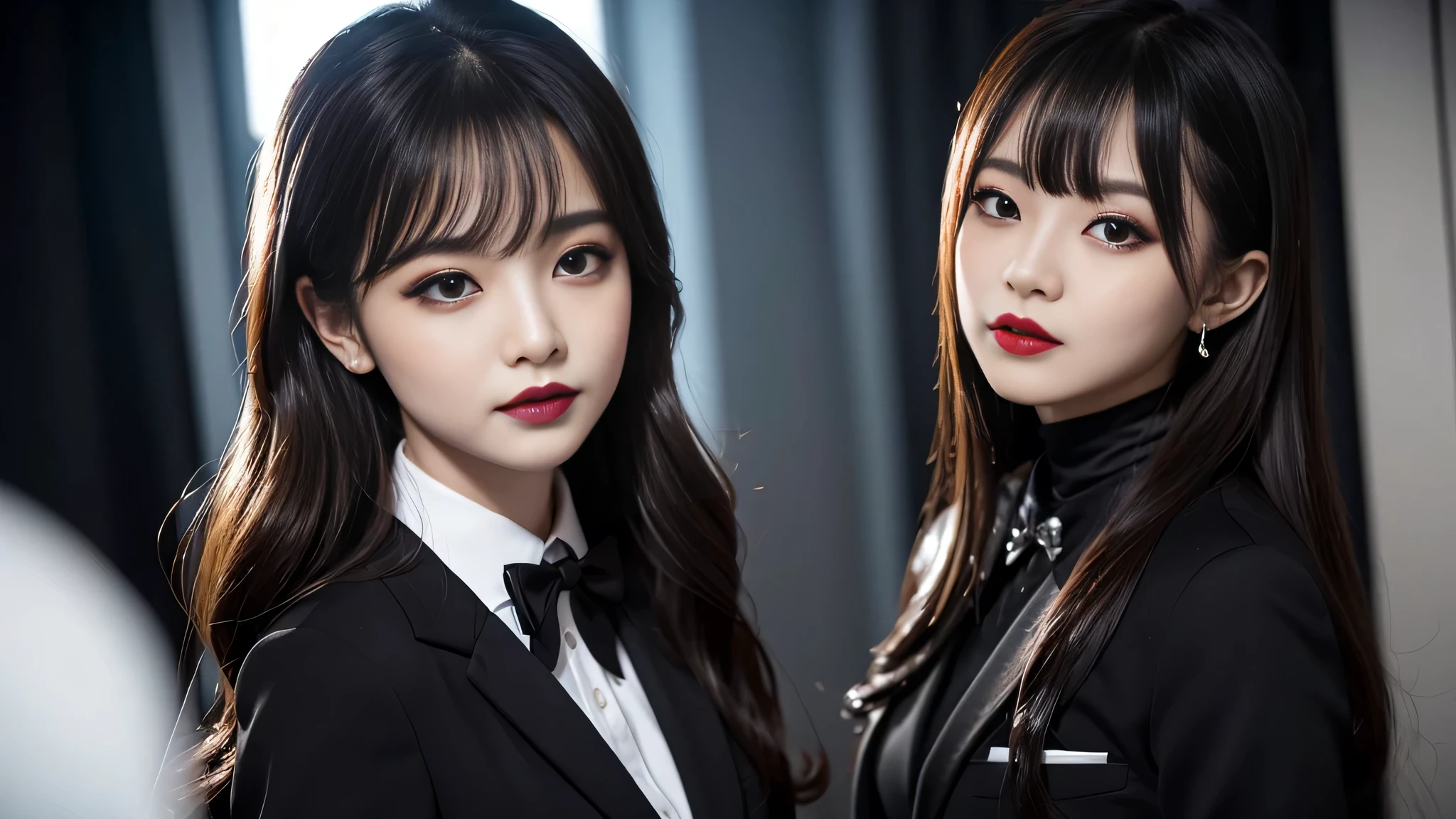 best quality、ultra-detailed、4k、Japanese、Seductive beauty、seductive adult woman、Pretty Woman、cool girl、Villainess、Brainwashed、brainwash、Fallen into evil、smirk、Evil look、Wicked Smile、evil、Brown hair、wavy hair、swept bangs、dark makeup、dark makeup、piercing eyes、hollow eyes,half-closed eyes、Hollow Eyes、purple Eyeshadow、black lipstick、black lipglos、office staff suit、suit、Jacket、Black sleeves、White Shirt、Black Ribbon、Tight Skirt、pantyhose、night、inside darkroom、Are standing、shoot from below、Have lipstick、Emblem of Evil、Crest of Darkness、Swear allegiance、I have pledged my allegiance、Dye black、Blackening、Stained with evil、Dyed in darkness、Seduce