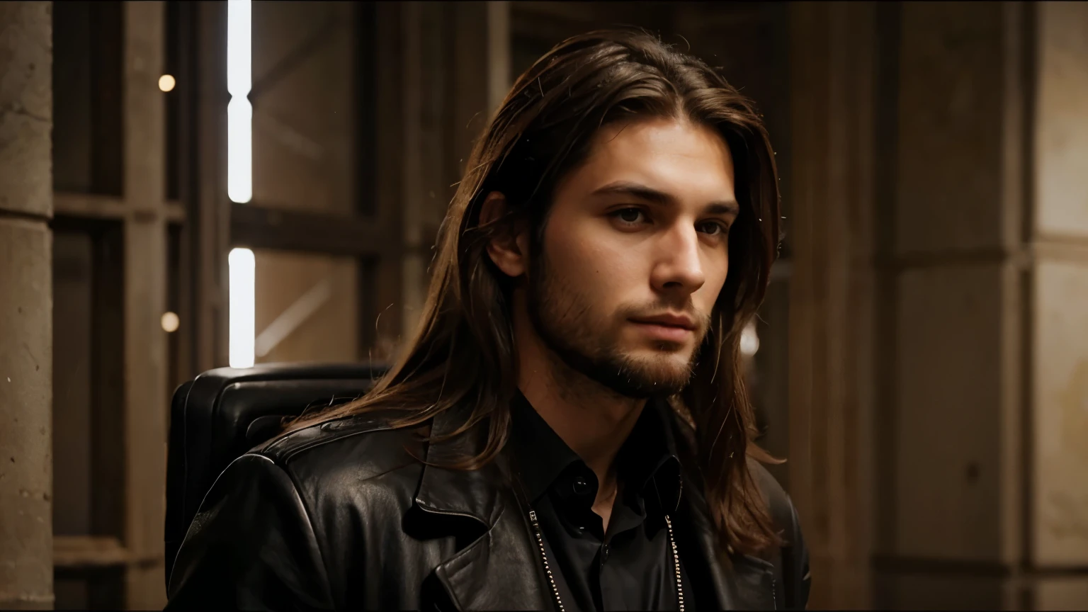 A 20-year-old rich boy - with long brown hair and a short beard - in a black leather suit - at university - reality - natural - high quality with details - cinematic