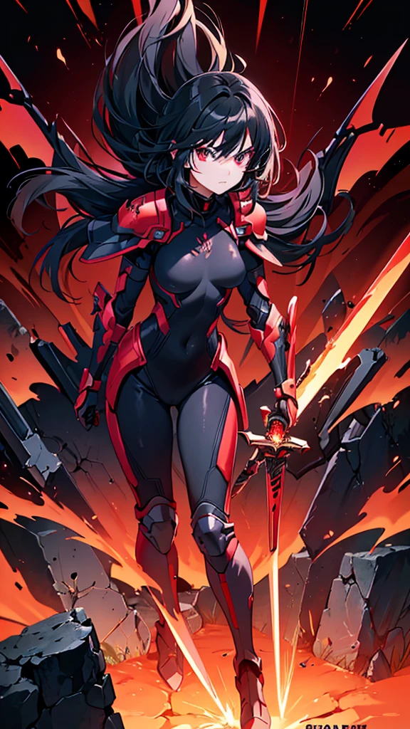 best quality, solo female, full-body, dark dragon bodysuit armor, remarcable shoulder pads, leg parts, matching parts, glowing red detail, medium black hair, detailed hair strands, red colored eyes, mad expression, yielding a sword, night background, vibrant colors, sleek desing, sci-fi style.
