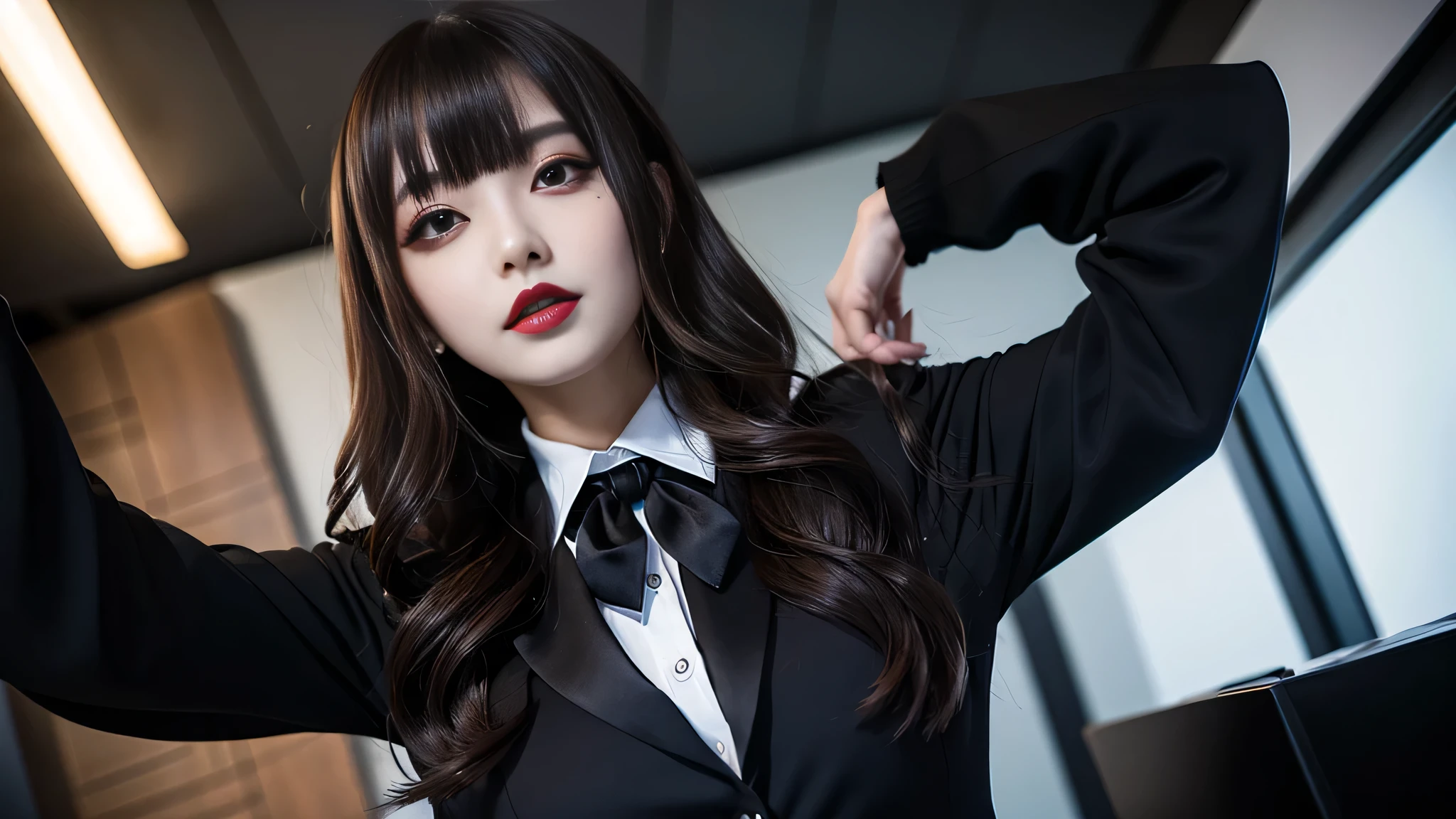 best quality、ultra-detailed、4k、Japanese、Seductive beauty、seductive adult woman、Pretty Woman、cool girl、Villainess、Brainwashed、brainwash、Fallen into evil、smirk、Evil look、Wicked Smile、evil、Brown hair、wavy hair、swept bangs、dark makeup、dark makeup、piercing eyes、hollow eyes,half-closed eyes、Hollow Eyes、purple Eyeshadow、black lipstick、black lipglos、office staff suit、suit、Jacket、Black sleeves、White Shirt、Black Ribbon、Tight Skirt、pantyhose、night、inside darkroom、Are standing、shoot from below、Have lipstick、Emblem of Evil、Crest of Darkness、Swear allegiance、I have pledged my allegiance、Dye black、Blackening、Stained with evil、Dyed in darkness、Seduce