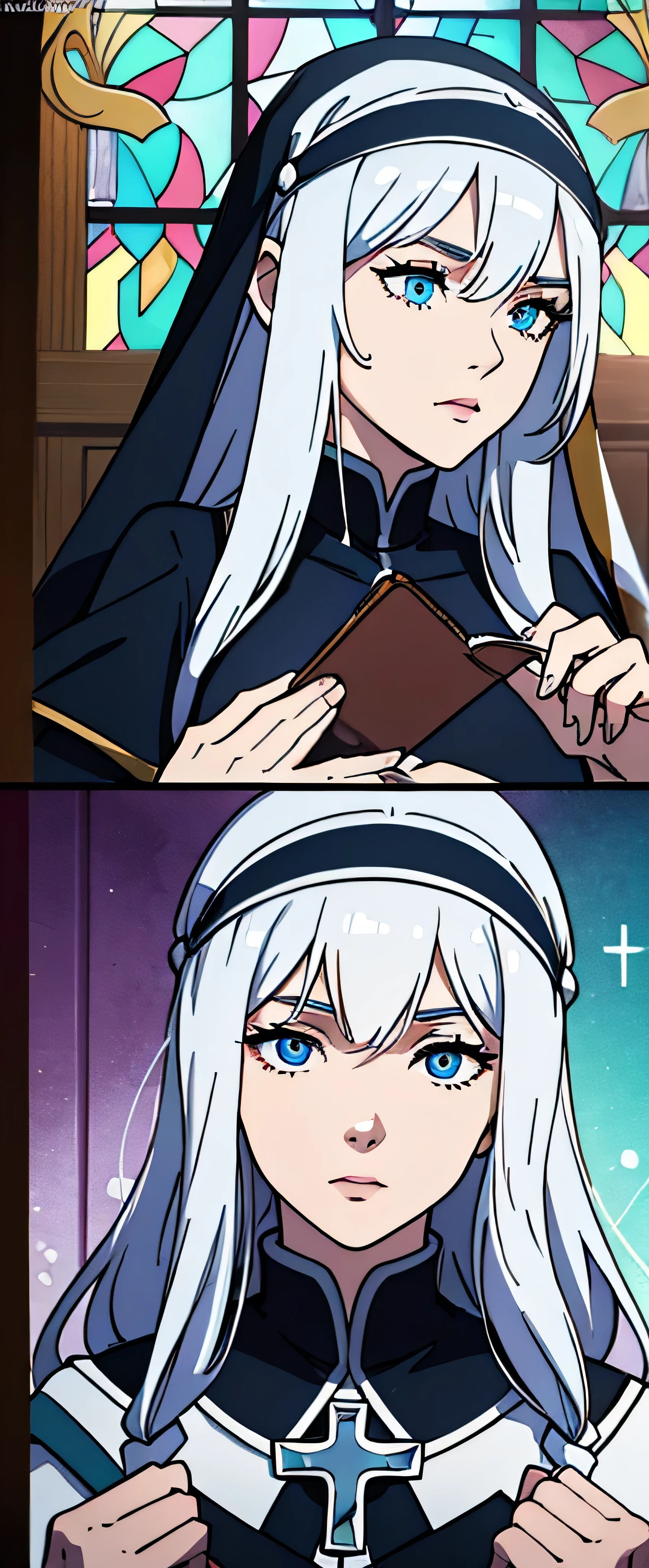 Majestic、masterpiece、highest quality、Ultra-high resolution、solo、(Upper Body)、The immortal nun、Shiny white hair、Complex Coif、Braid、Cross Pendant、monastic robes、Bible in hand、Contemplative gaze、Realistic and detailed eyes with age spots、Long eyelashes、Hanging eye corners、Realistic aged skin、(Small)、(Slim Body)、Church Background、Gothic architecture、Stained Glass Windows、Dim lighting、Award-winning、 16k、UnityCG wallpaper、(An illustration:0.8)、(Highly detailed eyes:1.6)、Perfect lighting、Highly detailed CG、