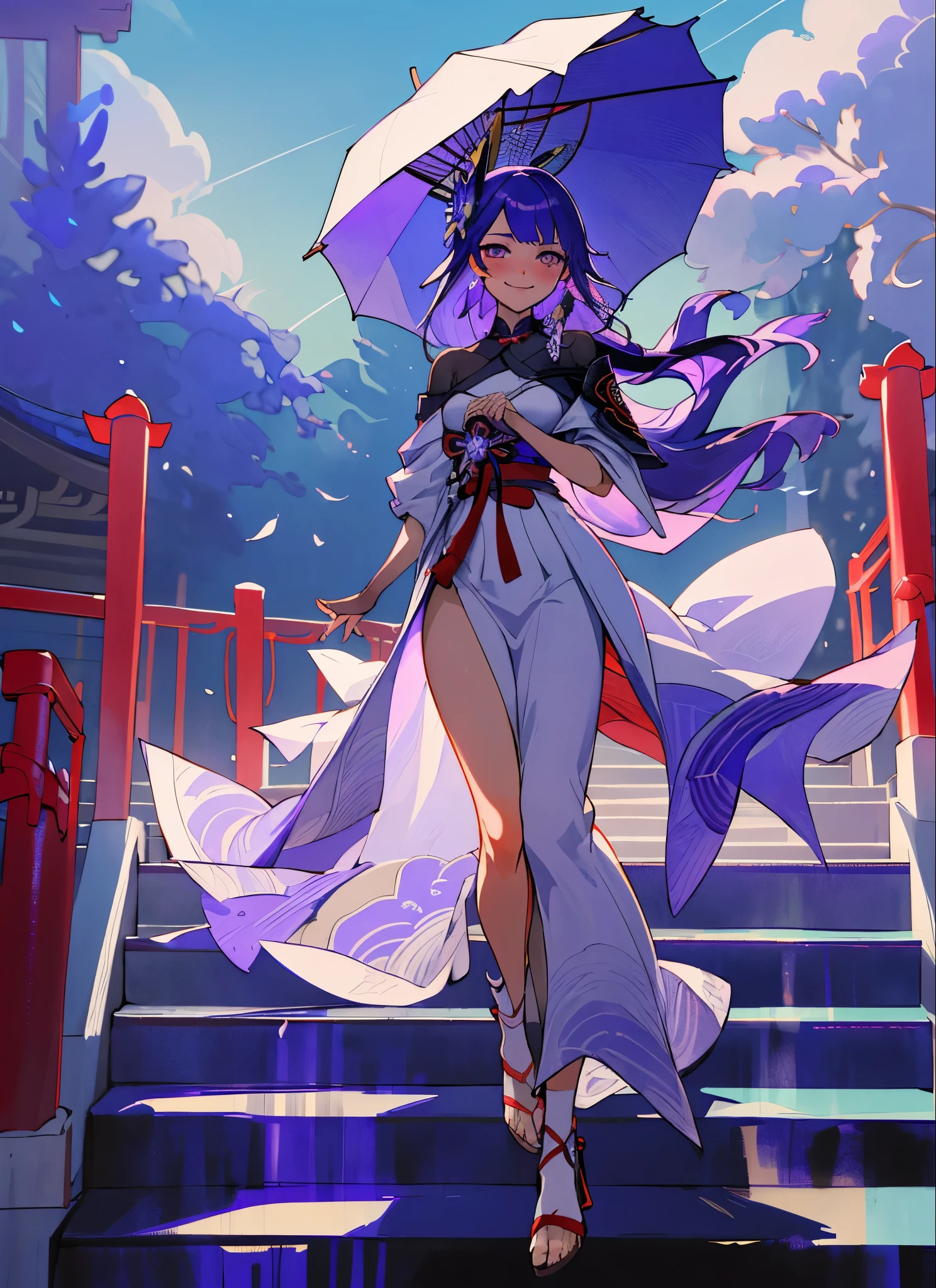 raidenshogundef, full body, smile, blush, , blue sky, long hair, sky, temple, looking at viewer, stairs, moody lighting, facing viewer, fashion catwalk, fashion show, red carpet, dress, beautiful long dress with full of details, white coat, purple dress