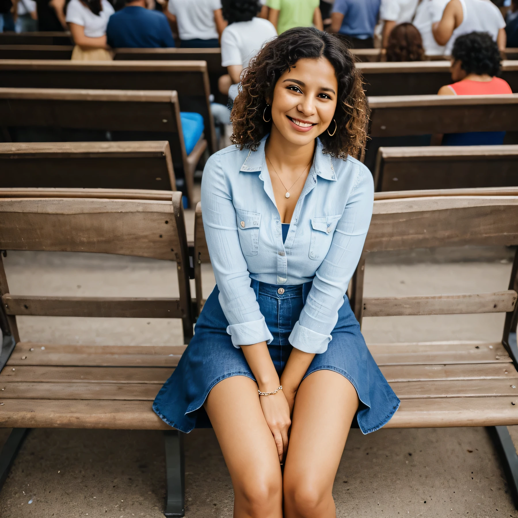 a 35 years old brazilian christian woman siting on a bench at a crowded pentecostal church, using a linen miniskirt, with very light blue tight and rippednjeans,  smiling, high definition photograph, bottom pov, curly hair