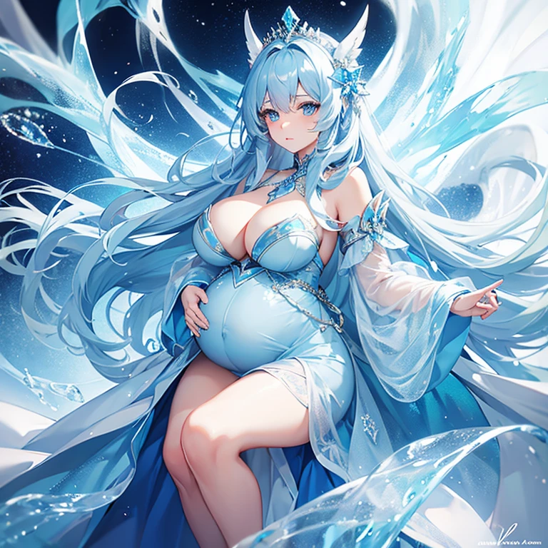 Beautiful pregnant female ice sorceress, elegant formal detailed and tight light blue dress with white details, blue gems, mature, bunny ears, blue hair, piercing blue eyes, wants to have sex, cleavage