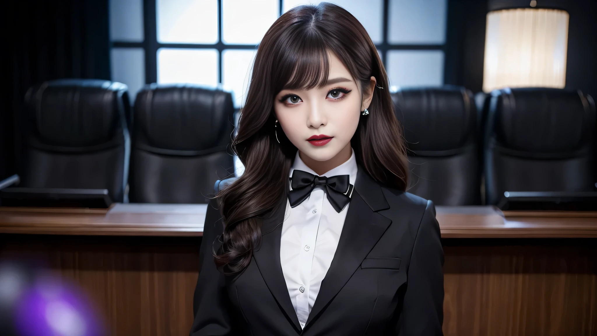 best quality、ultra-detailed、4k、Japanese、Seductive beauty、seductive adult woman、Pretty Woman、cool girl、Villainess、Brainwashed、brainwash、Fallen into evil、smirk、Evil look、Wicked Smile、evil、Brown hair、wavy hair、swept bangs、dark makeup、dark makeup、piercing eyes、hollow eyes,half-closed eyes、Hollow Eyes、purple Eyeshadow、black lipstick、black lipglos、office staff suit、suit、Jacket、Black sleeves、White Shirt、Black Ribbon、Tight Skirt、pantyhose、night、inside darkroom、Are standing、shoot from below、Have lipstick、Emblem of Evil、Crest of Darkness、Swear allegiance、I have pledged my allegiance、Dye black、Blackening、Stained with evil、Dyed in darkness、Seduce