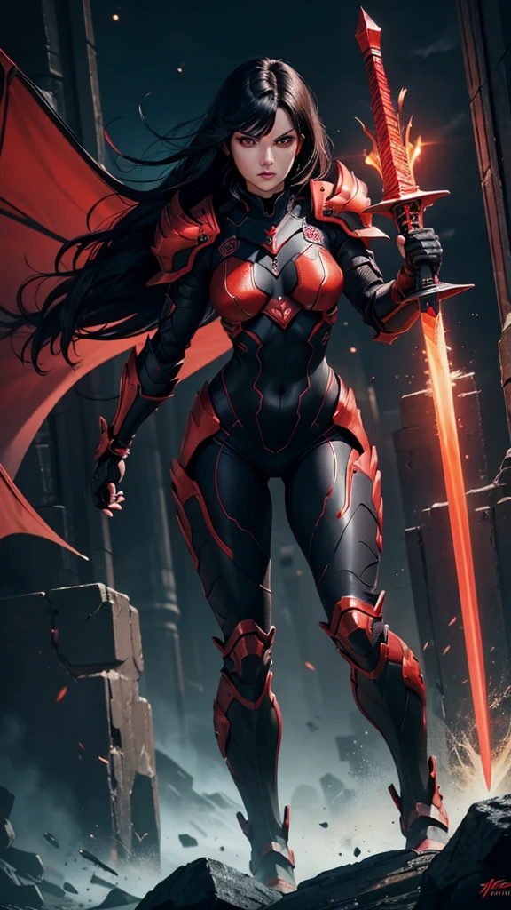 best quality, solo female, full-body, dark dragon bodysuit armor, remarcable shoulder pads, leg parts, matching parts, glowing red detail, medium black hair, detailed hair strands, red colored eyes, insane expression, yielding a sword, night background, vibrant colors, sleek desing, metallic color, sci-fi style.
