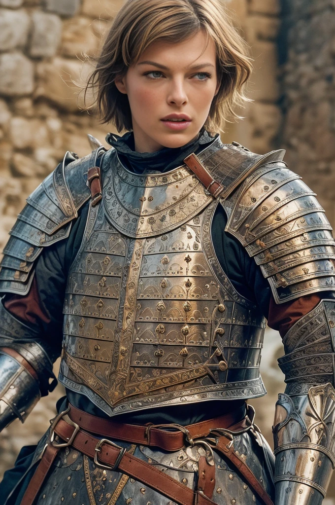 (Milla Jovovich:1.2), Joan of Arc at the siege of the city of Orleans in 1429 AD, 22 years old French woman, blue-grey eyes, slender athletic body, very small breasts, (very blonde hair:1.1), very short hair, smiling, (wearing a medieval knight armor dated 15th century covering torso, wearing a medieval knight armor dated 15th century covering shoulders, wearing a medieval knight armor dated 15th century covering arms, wearing a medieval knight armor dated 15th century covering legs, wearing a medieval knight armor dated 15th century covering belly, wearing a medieval knight armor dated 15th century covering underbelly, wearing a medieval knight armor dated 15th century covering pubic area:1.2), no helmet, no gloves, full body 15th century medieval knight, Joan of Arc movie by film director Luc Besson in 1999, full body shot, 8 K, ultra high res.photorealistic, UHD, (beautiful medieval landscape in the background), 15th century medieval knight, RAW, DSLR