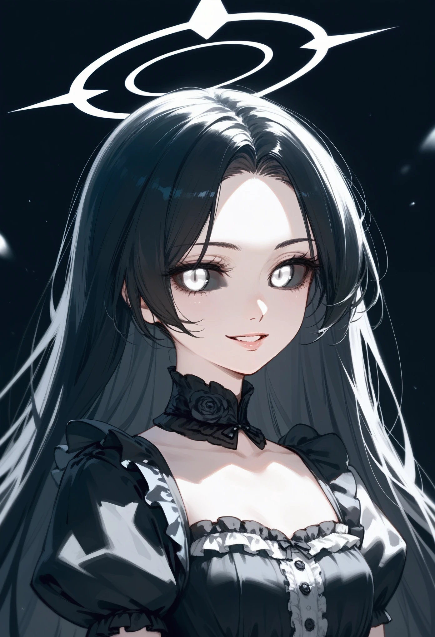 masterpiece, zoom out, score_9, score_8_up, score_7_up, portrait, 1girl, solo, black hair, long hair, parted bangs, white eyes, black sclera, small smile, evil, parted lips, innexpressive, small breasts, upper body, victorian fashion, black dress, frilled dress, short sleeves, halo, black background, best quality
