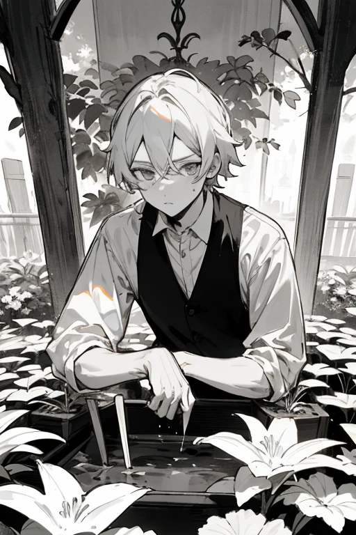 Hombre, gardening teacher, mano de paleta ornamentada, en blanco y negro 