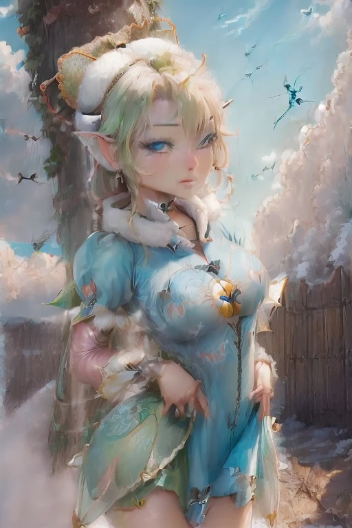 masterpiece, 8k, Perfect lighting, ,Adult , woman, View Viewer, Cinema Lighting, Cowboy Shot, (Tinkerbell:1.5),( (TinkerbellWaifu:1.1)), Single hair bun, (緑のwinter用コート), (Green clothes), ((Clothes made from leaves)), Pointed Ears, blue eyes, (Fine grain:1.2), blush, Shrank,(((Flying in the sky))), (((fly in the sky:1.8))), cloud, , winter, snow,