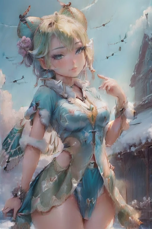 masterpiece, 8k, Perfect lighting, ,Adult , woman, View Viewer, Cinema Lighting, Cowboy Shot, (Tinkerbell:1.5),( (TinkerbellWaifu:1.1)), Single hair bun, (緑のwinter用コート), (Green clothes), ((Clothes made from leaves)), Pointed Ears, blue eyes, (Fine grain:1.2), blush, Shrank,(((Flying in the sky))), (((fly in the sky:1.8))), cloud, , winter, snow,