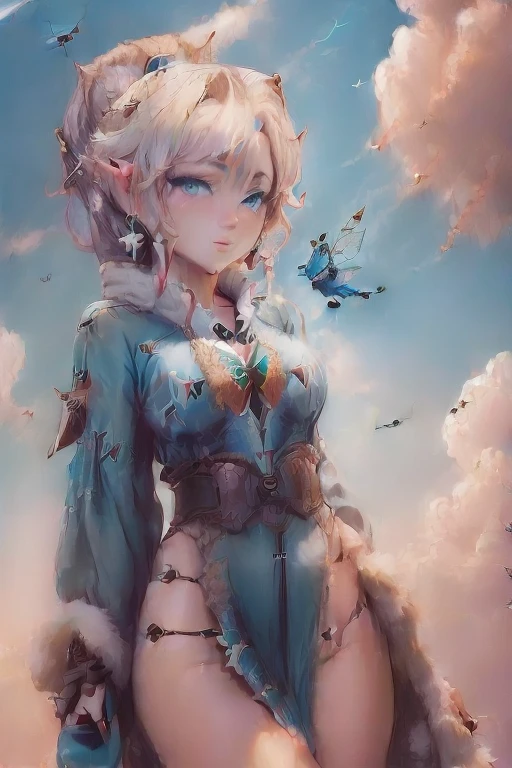 masterpiece, 8k, Perfect lighting, , , woman, View Viewer, Cinema Lighting, Cowboy Shot,  (Tinkerbell:1.5),( (TinkerbellWaifu:1.1)), Single hair bun, (緑のwinter用コート), (Green clothes), ((Clothes made from leaves)), Pointed Ears, blue eyes, (Fine grain:1.2), blush, Shrank,(((Flying in the sky))), (((fly in the sky:1.8))), cloud, Pixie Dust, winter, snow,  forest, island, 