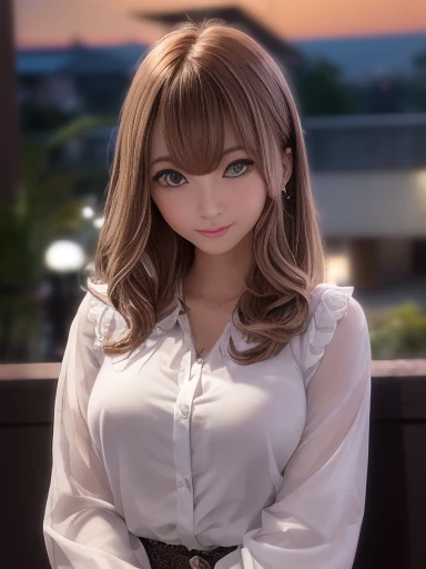 masterpiece, highest quality, Ultra-high resolution, Super detailed, Sharp focus, One girl, alone, Amazingly cute and beautiful sexy Japanese model, 19 years old, View Viewer:1.3, (Bright smile:0.6), wearing (blouse), evening, sunset, night, Realistic, thin, (Are standing:1.1), (Looking at the audience:1.3), Sexy Gaze, blush, (Upper Body Shot:1.6), Medium Hair, Messy Hair, Asymmetrical bangs, Light brown hair, Messy Hair style,