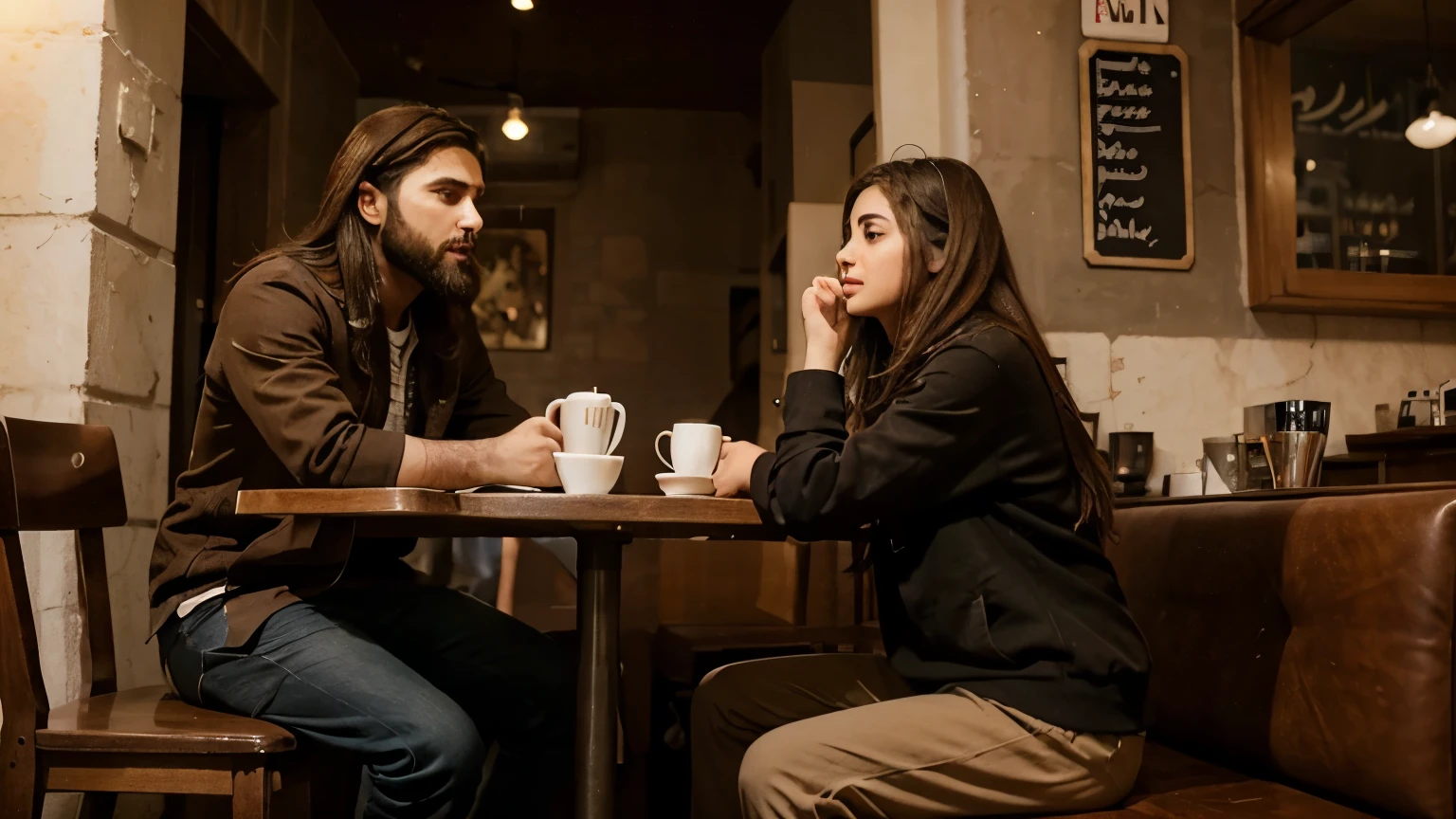 An Iranian girl and boy are sitting in a cafe - the boy has long brown hair and a short beard - full body - reality - natural - high quality with details - cinematic