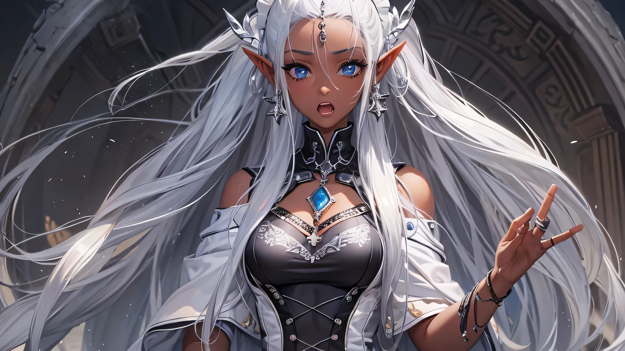 colorful,highest detailed, woman with white really long messy beautiful detailed hair serious eyes, dull eyes, dead inside, dark eyes, beautiful, majestic, wearing evil armor, evil, to Ed muscle