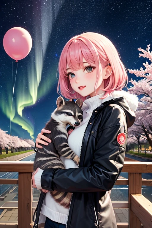 Pink hair, girl with a baby racoon in her arms, girl and racoon with fluffy jackets, cherry blossoms in the background, starry night sky with northern lights, candy, rainbow, colorful balloons, fluffy