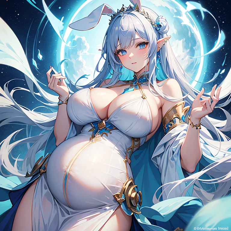 Beautiful pregnant female sorceress, elegant formal detailed and tight white dress with blue details, blue gems, mature, bunny ears, orange hair, princess braid, piercing blue eyes, wants to have sex with me, cleavage
