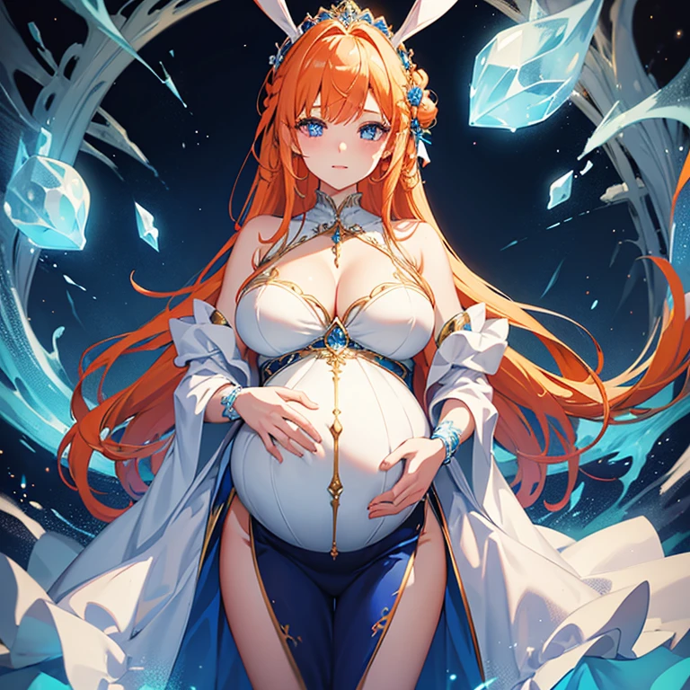 Beautiful pregnant female sorceress, elegant formal detailed and tight white dress with blue details, blue gems, mature, bunny ears, orange hair, princess braid, piercing blue eyes, wants to have sex with me, cleavage 