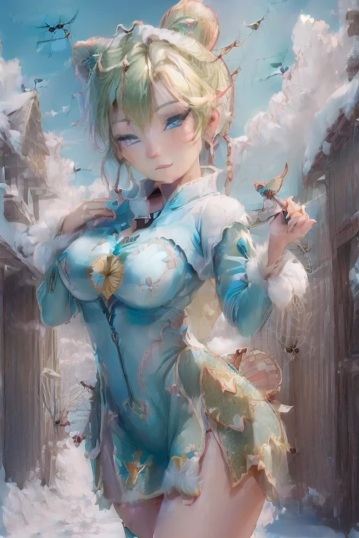 masterpiece, 8k, Perfect lighting, ,Adult , woman, View Viewer, Cinema Lighting, Cowboy Shot,  (Tinkerbell:1.5),( (TinkerbellWaifu:1.1)), Single hair bun, (緑のwinter用コート), (Green clothes), ((Clothes made from leaves)), Pointed Ears, blue eyes, (Fine grain:1.2), blush, Shrank,(((Flying in the sky))), (((fly in the sky:1.8))), cloud, , winter, snow,   