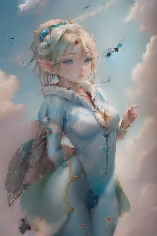 masterpiece, 8k, Perfect lighting, ,Adult , woman, View Viewer, Cinema Lighting, Cowboy Shot, (Tinkerbell:1.5),( (TinkerbellWaifu:1.1)), Single hair bun, (緑のwinter用コート), (Green clothes), ((Clothes made from leaves)), Pointed Ears, blue eyes, (Fine grain:1.2), blush, Shrank,(((Flying in the sky))), (((fly in the sky:1.8))), cloud, , winter, snow,