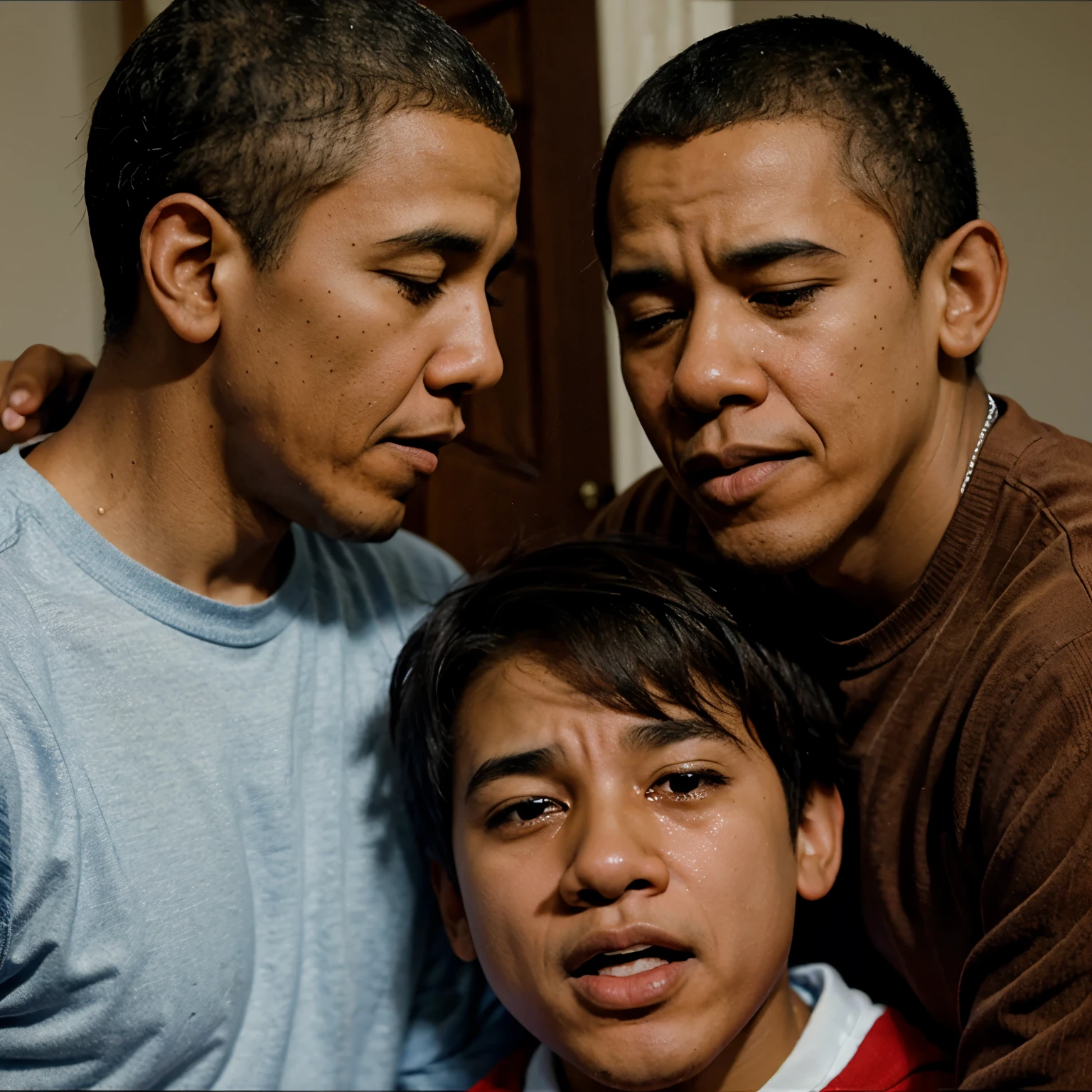 silly cartoon obama crying out loud next to a teen boy