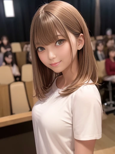 masterpiece, highest quality, Ultra-high resolution, Super detailed, Sharp focus, One girl, alone, Amazingly cute and beautiful sexy Japanese model, 19 years old, View Viewer:1.3, (Bright smile:0.6), wearing (Short sleeve blouse), evening, sunset, night, Realistic, thin, (Are standing:1.1), (Looking at the audience:1.3), Sexy Gaze, blush, (Upper Body Shot:1.6), Medium Hair, Messy Hair, Asymmetrical bangs, Light brown hair, Messy Hair style,