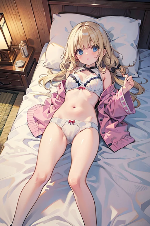 masterpiece, highest quality, High resolution,  girl、blue eyes、
blonde,  Braiding, White bra、White panties、Japanese-style room、futon、Lie on your back、pantydrop