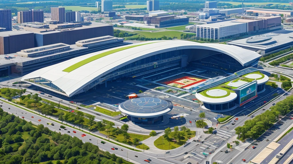 Futuristic giant shopping center, highly detailed, decorated, in a vivid, urban environment, seen from the sky