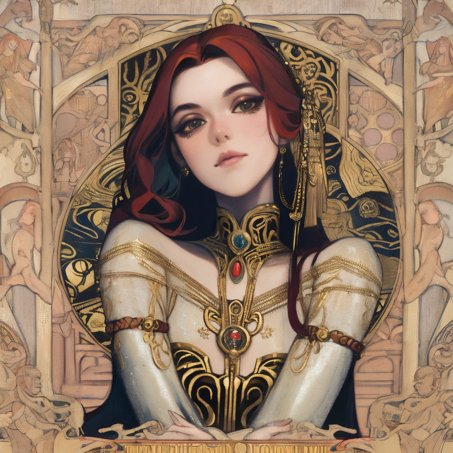 Close-up of a woman with red hair and a golden background, reine nordique, Inspired by James Christensen, art nouveau , inspired by James C. Christensen, style Gustav Klimt, une belle fantastique, Ancient goddess , inspired by Tosa Mitsunobu, inspired by Edo Murtić
