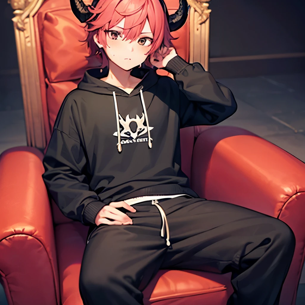 one male femboy with black dragon horns and a pink tail in baggy sweatshirt and sweatpants sitting on a throne with red eye and pink hair