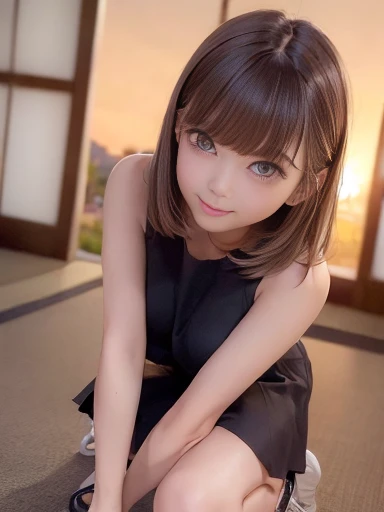 masterpiece, highest quality, Ultra-high resolution, Super detailed, Sharp focus, One girl, alone, Amazingly cute and beautiful sexy Japanese model, 19 years old, View Viewer:1.3, (Bright smile:0.6), wearing (Sleeveless blouse mini dress), evening, sunset, night, Realistic, thin, (Are standing:1.1), (Looking at the audience:1.3), Sexy Gaze, blush, (Shot to the knee:1.6), Medium Hair, Messy Hair, Asymmetrical bangs, Light brown hair, Messy Hair style,