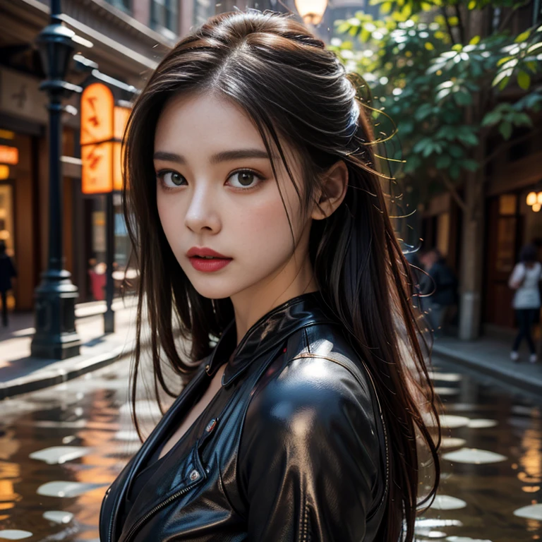 (highest quality、4K、8k、High resolution、masterpiece: 1.2)、Very detailed、(Genuine、Realistic、Realistic: 1.37)、photograph、(Front and side close-up of face:1.ung and very beautiful woman))、The woman is wearing protective clothing、(Ride a motorcycle and race)、(Leaning the motorcycle into a corner)、(Flowing hair and flowing clothes、background、Motion Blur Effect:1.37)、spark、Incandescent bulb、Neon color、Future City、Vibrant Street、Light reflections on wet sidewalk、Skyscraper、Sculptural architecture、Holographic Signage、Stylish and sophisticated design、Blurred motion of speeding cars、energy and excitement in the air、(Windy atmosphere)、Moonlit cityscape、Sure Future Motorcycle