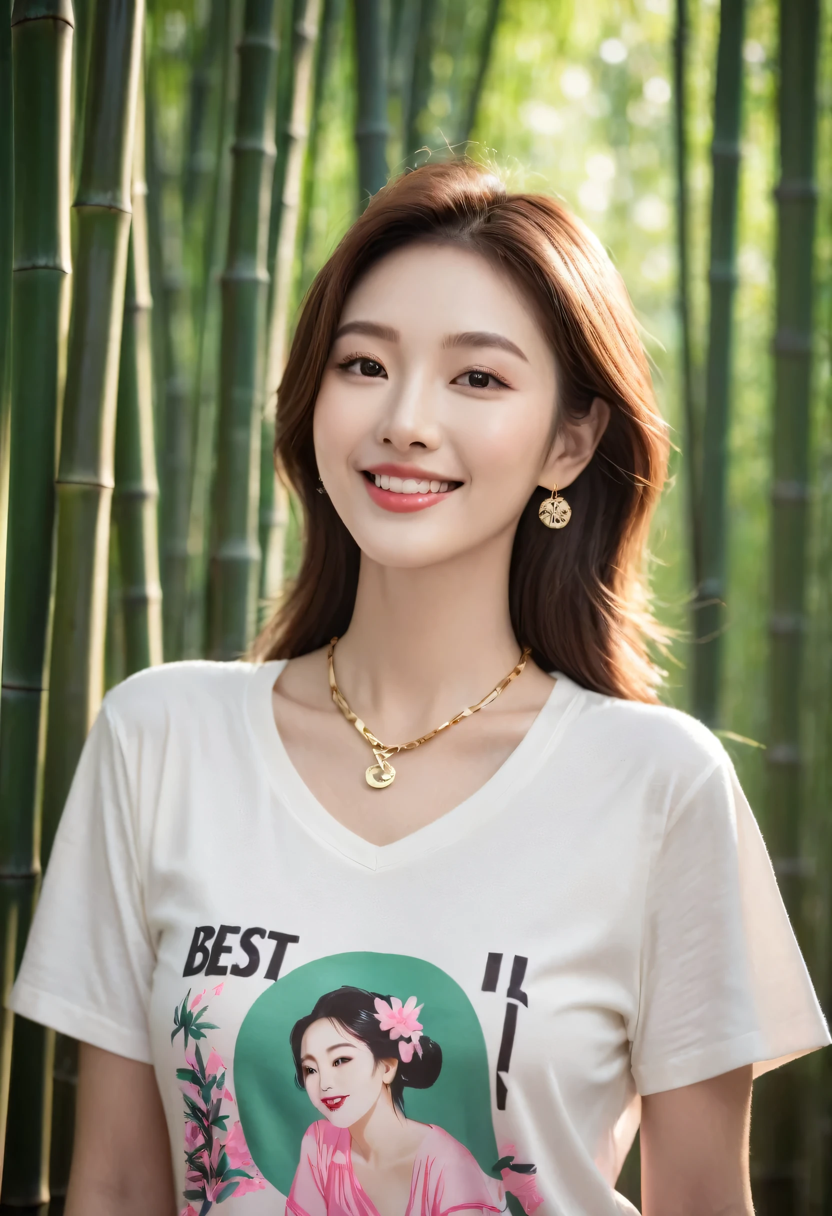 (Canon RF85mm f/1.2,best quality,Reality:1.4,movie lighting),(1 girl,Korean mixed,Korean Idol:1.2,beautiful long_slim_leg),(long_Brown_Wavy_hair),(pink_Shiny_Lips,pink_Eyeshadow,eyelash,powder_blush,cosmetic),(White_Shiny_skin,black eyes,Pores,skin texture,Shiny),(necklace,earrings),Large Breasts,Smile,Dynamic poses,
((T-shirt design: Feminist Empowerment, describe: T-shirts with strong feminist messages and empowering artwork, Encourage gender equality and female empowerment. This design combines fashion and radicalism, make a bold statement)),((At dusk，In the bamboo forest, The sun shines through the gaps in the leaves, Casting a warm glow on her figure. Birds in the bamboo forest begin to return to their nests, Adding a natural and harmonious feeling to this bamboo forest)),Beautiful，Advance in depth