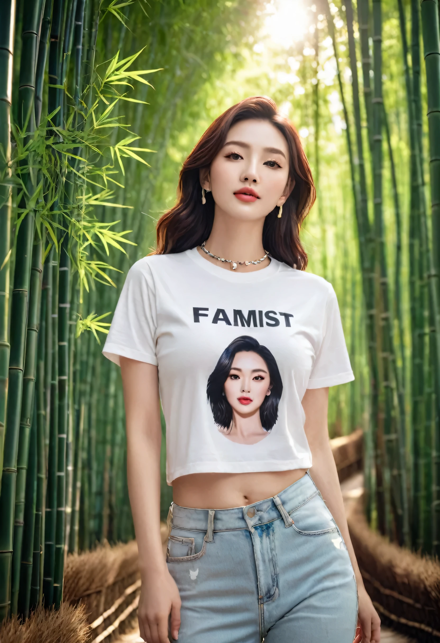 (Canon RF85mm f/1.2,best quality,Reality:1.4,movie lighting),(1 girl,Korean mixed,Korean Idol:1.2,beautiful long_slim_leg),(long_Brown_Wavy_hair),(pink_Shiny_Lips,pink_Eyeshadow,eyelash,powder_blush,cosmetic),(White_Shiny_skin,black eyes,Pores,skin texture,Shiny),(necklace,earrings),Large Breasts,Smile,Dynamic poses,
((T-shirt design: Feminist Empowerment, describe: T-shirts with strong feminist messages and empowering artwork, Encourage gender equality and female empowerment. This design combines fashion and radicalism, make a bold statement)),((At dusk,In the bamboo forest, The sun shines through the gaps in the leaves, Casting a warm glow on her figure. Birds in the bamboo forest begin to return to their nests, Adding a natural and harmonious feeling to this bamboo forest)),Beautiful,Advance in depth