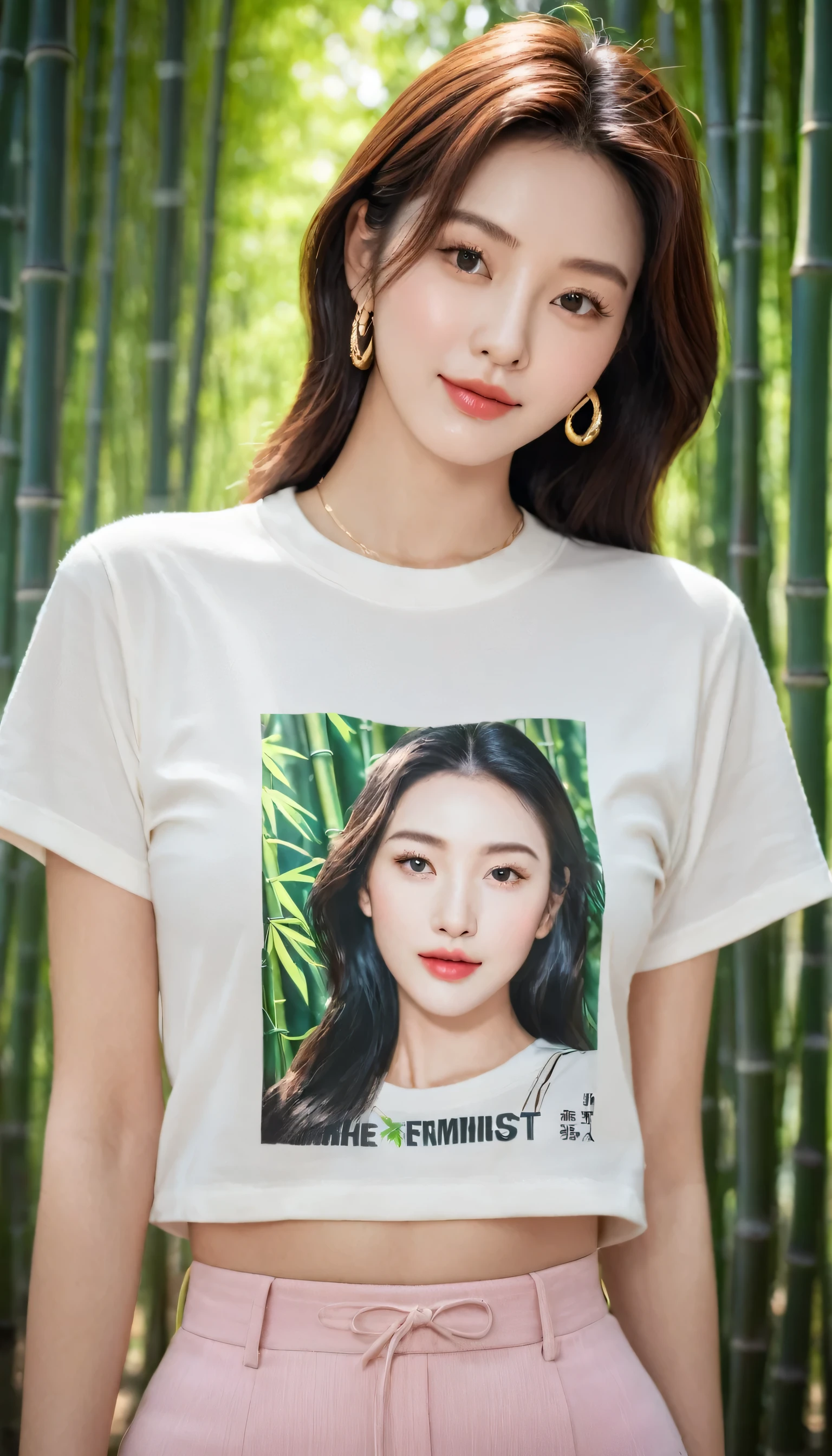 (Canon RF85mm f/1.2,best quality,Reality:1.4,movie lighting),(1 girl,Korean mixed,Korean Idol:1.2,beautiful long_slim_leg),(long_Brown_Wavy_hair),(pink_Shiny_Lips,pink_Eyeshadow,eyelash,powder_blush,cosmetic),(White_Shiny_skin,black eyes,Pores,skin texture,Shiny),(necklace,earrings),Large Breasts,Smile,Dynamic poses,
((T-shirt design: Feminist Empowerment, describe: T-shirts with strong feminist messages and empowering artwork, Encourage gender equality and female empowerment. This design combines fashion and radicalism, make a bold statement)),((At dusk,In the bamboo forest, The sun shines through the gaps in the leaves, Casting a warm glow on her figure. Birds in the bamboo forest begin to return to their nests, Adding a natural and harmonious feeling to this bamboo forest)),