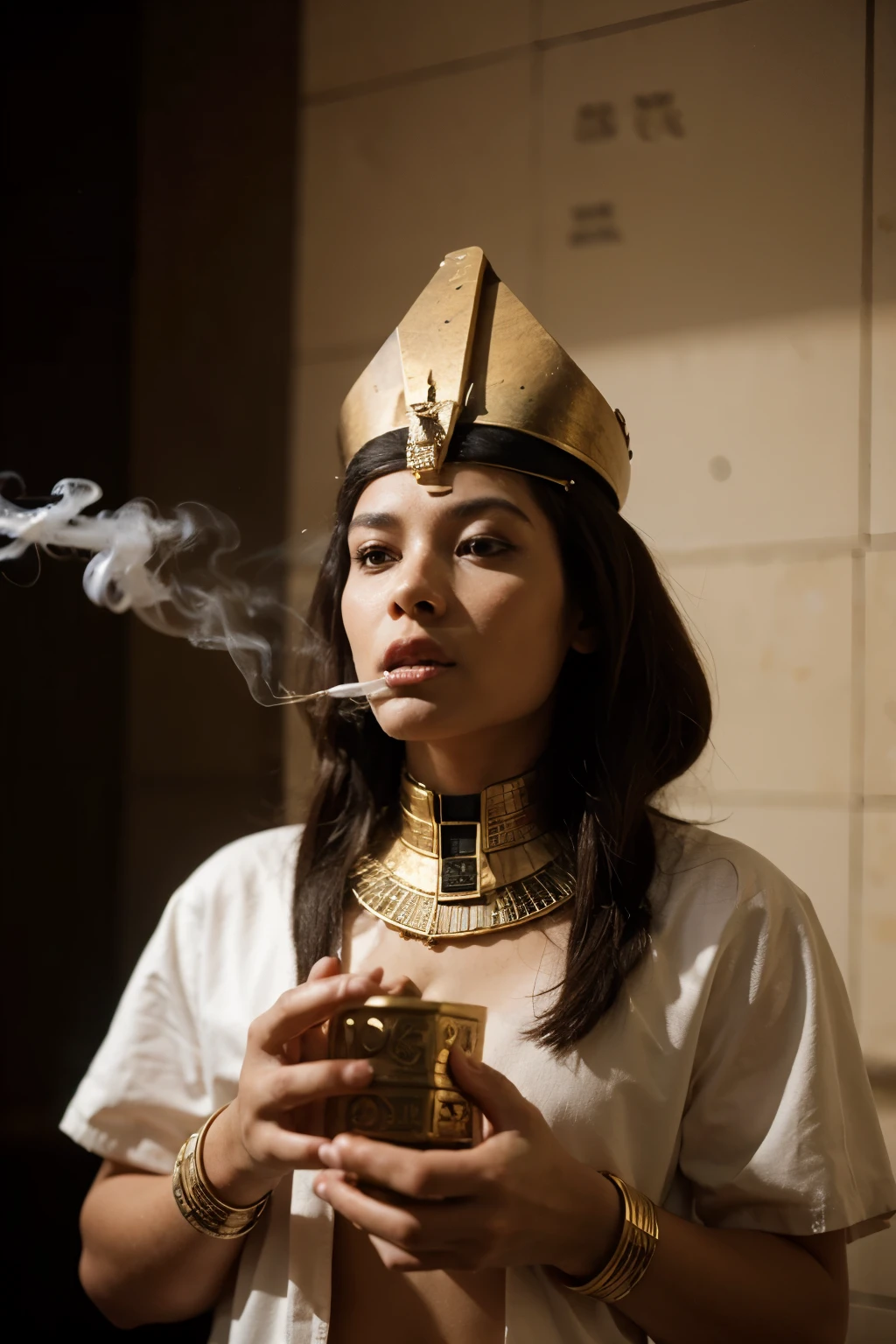 Ancient Egyptian pharaoh smoking shisha next to the pyramid




