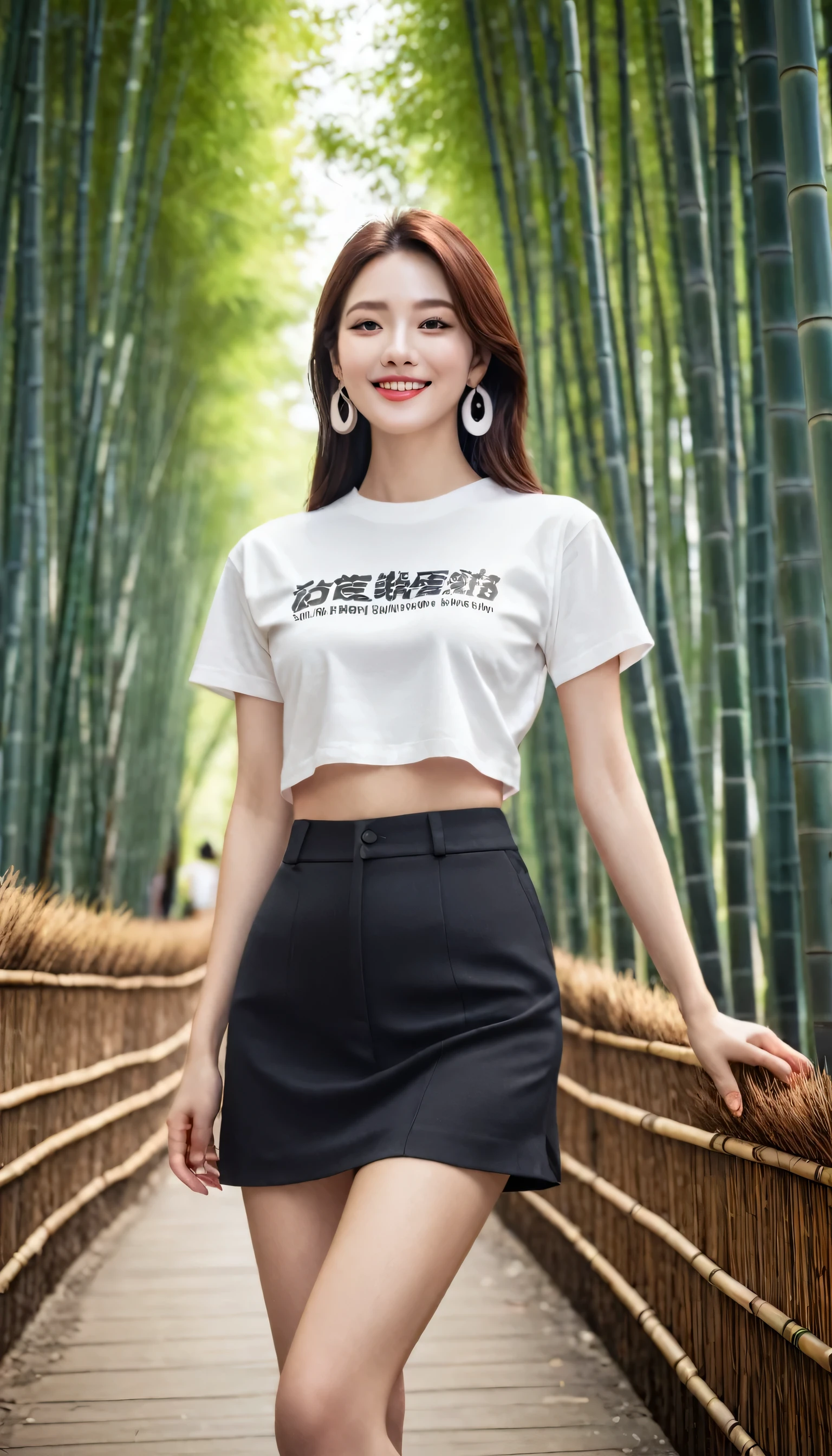 (Canon RF85mm f/1.2,best quality,Reality:1.4,movie lighting),(1 girl,Korean mixed,Korean Idol:1.2,beautiful long_slim_leg),(long_Brown_Wavy_hair),(pink_Shiny_Lips,pink_Eyeshadow,eyelash,powder_blush,cosmetic),(White_Shiny_skin,black eyes,Pores,skin texture,Shiny),(necklace,earrings),Large Breasts,Smile,Dynamic poses,
((T-shirt design: Feminist Empowerment, describe: T-shirts with strong feminist messages and empowering artwork, Encourage gender equality and female empowerment. This design combines fashion and radicalism, make a bold statement)),((At dusk，In the bamboo forest, The sun shines through the gaps in the leaves, Casting a warm glow on her figure. Birds in the bamboo forest begin to return to their nests, Adding a natural and harmonious feeling to this bamboo forest)),