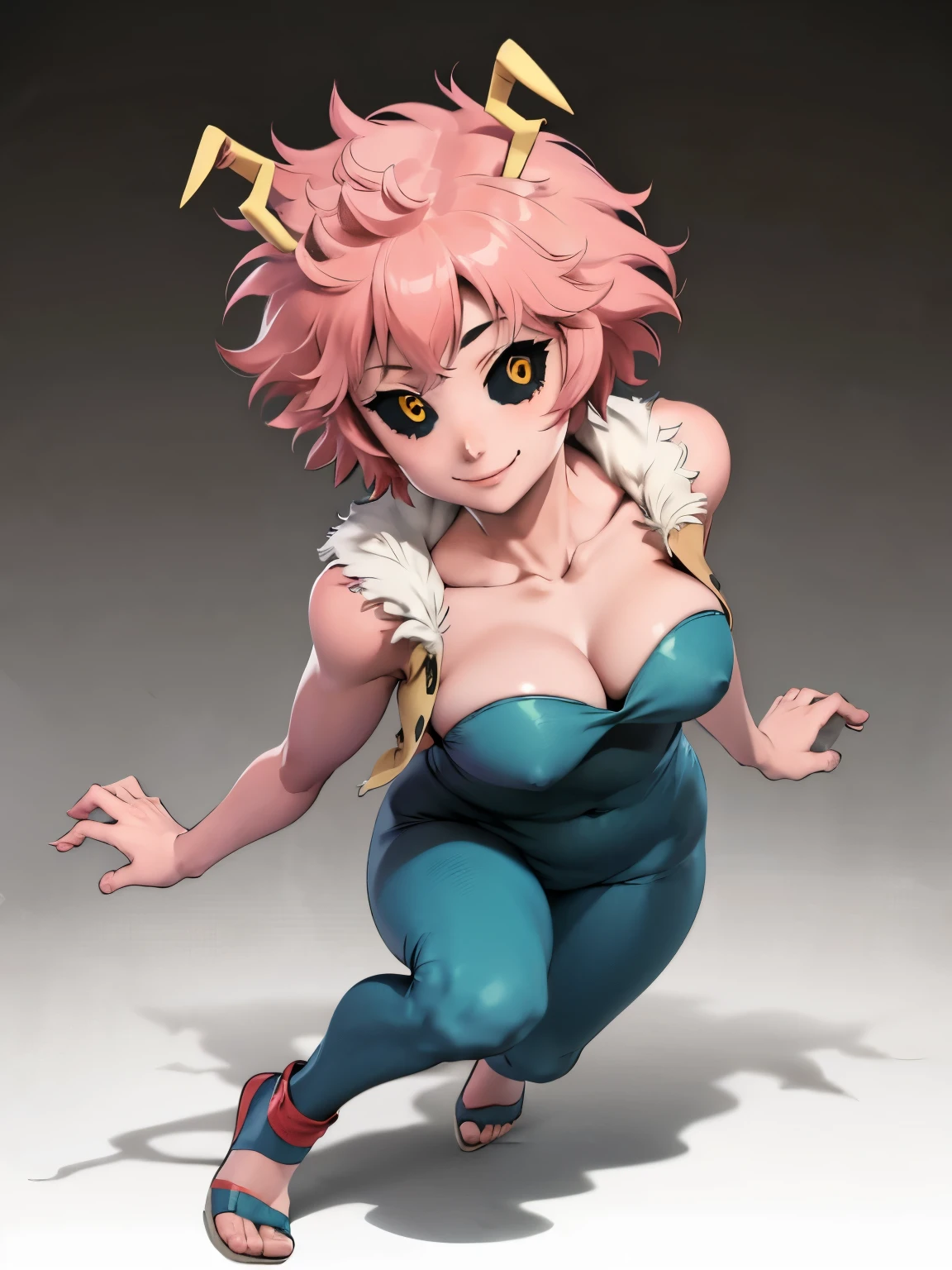 masterpiece, best quality, solo, 1girl, looking at viewer, smile, simple background, full body, white background, ashidomina, short hair, horns, (color sclera:1.1), (black sclera:1.2), pinkish skin, clavicle, bare shoulders, , fur trimmings , vest, jumpsuit, bodysuit
