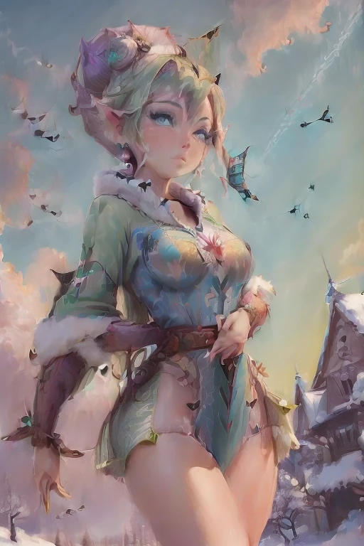 masterpiece, 8k, Perfect lighting, ,Adult , woman, View Viewer, Cinema Lighting, Cowboy Shot,  (Tinkerbell:1.5),( (TinkerbellWaifu:1.1)), Single hair bun, (緑のwinter用コート), (Green clothes), ((Clothes made from leaves)), Pointed Ears, blue eyes, (Fine grain:1.2), blush, Shrank,(((Flying in the sky))), (((fly in the sky:1.8))), cloud, , winter, snow,   