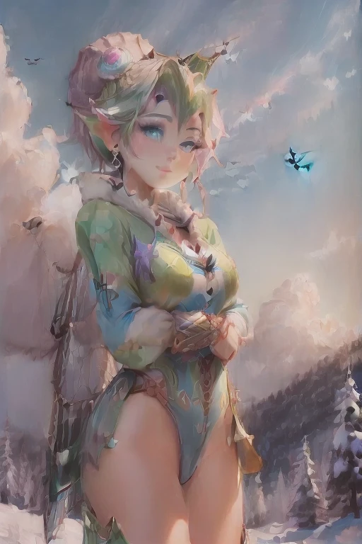 masterpiece, 8k, Perfect lighting, ,Adult , woman, View Viewer, Cinema Lighting, Cowboy Shot,  (Tinkerbell:1.5),( (TinkerbellWaifu:1.1)), Single hair bun, (緑のwinter用コート), (Green clothes), ((Clothes made from leaves)), Pointed Ears, blue eyes, (Fine grain:1.2), blush, Shrank,(((Flying in the sky))), (((fly in the sky:1.8))), cloud, , winter, snow,   