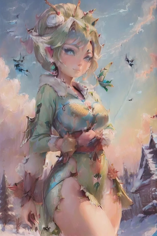 masterpiece, 8k, Perfect lighting, ,Adult , woman, View Viewer, Cinema Lighting, Cowboy Shot,  (Tinkerbell:1.5),( (TinkerbellWaifu:1.1)), Single hair bun, (緑のwinter用コート), (Green clothes), ((Clothes made from leaves)), Pointed Ears, blue eyes, (Fine grain:1.2), blush, Shrank,(((Flying in the sky))), (((fly in the sky:1.8))), cloud, , winter, snow,   