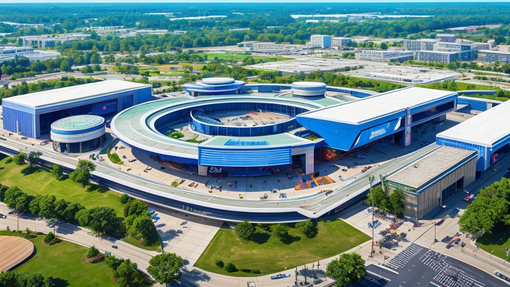 Futuristic giant shopping center, highly detailed, decorated, in a vivid, urban environment, seen from the sky