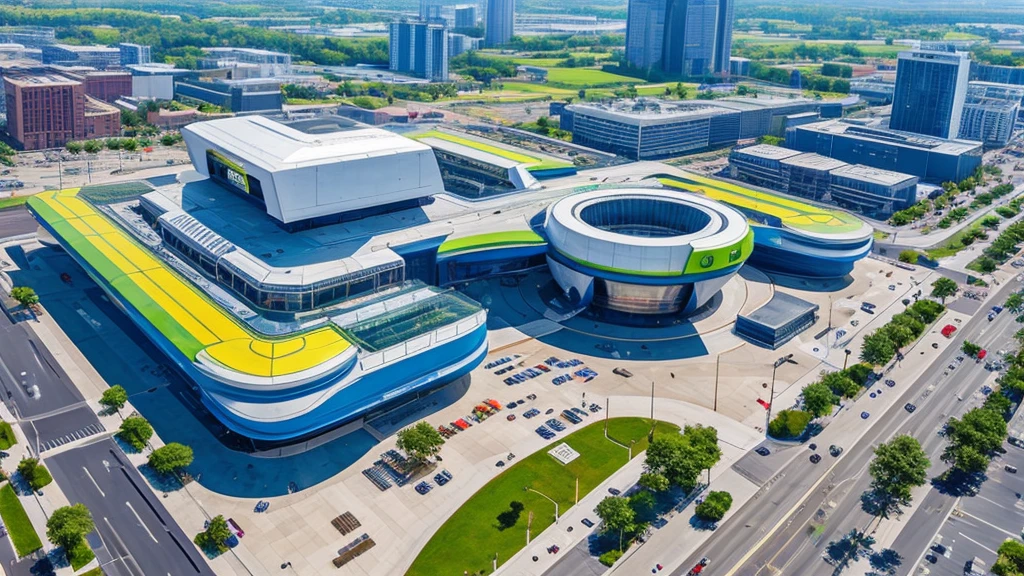 Futuristic giant shopping center, highly detailed, decorated, in a vivid, urban environment, seen from the sky