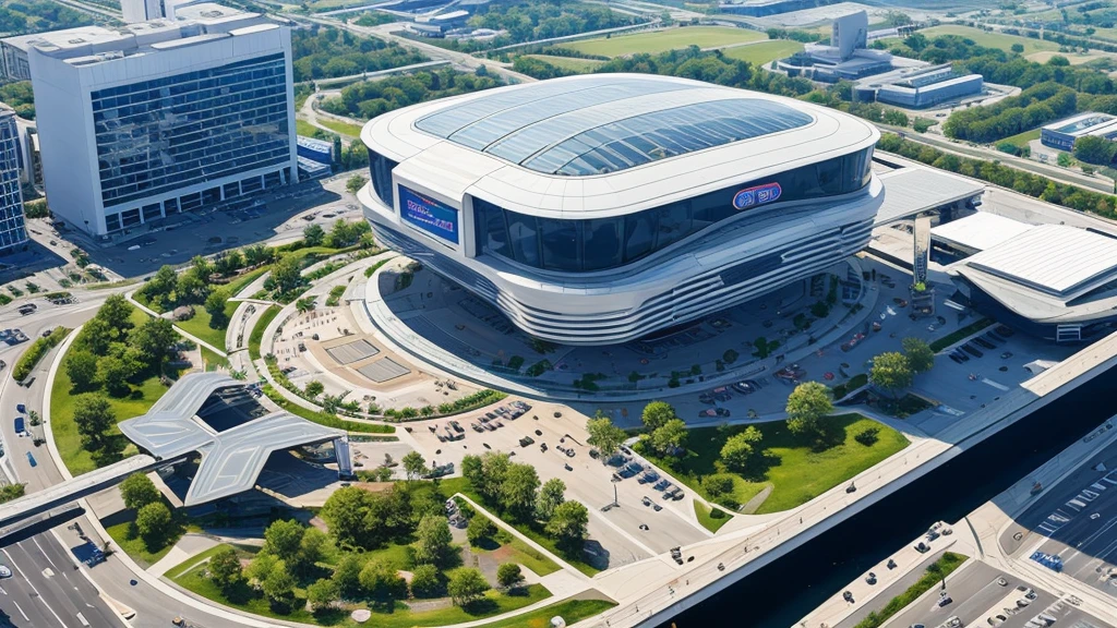 Futuristic giant shopping center, highly detailed, decorated, in a vivid, urban environment, seen from the sky