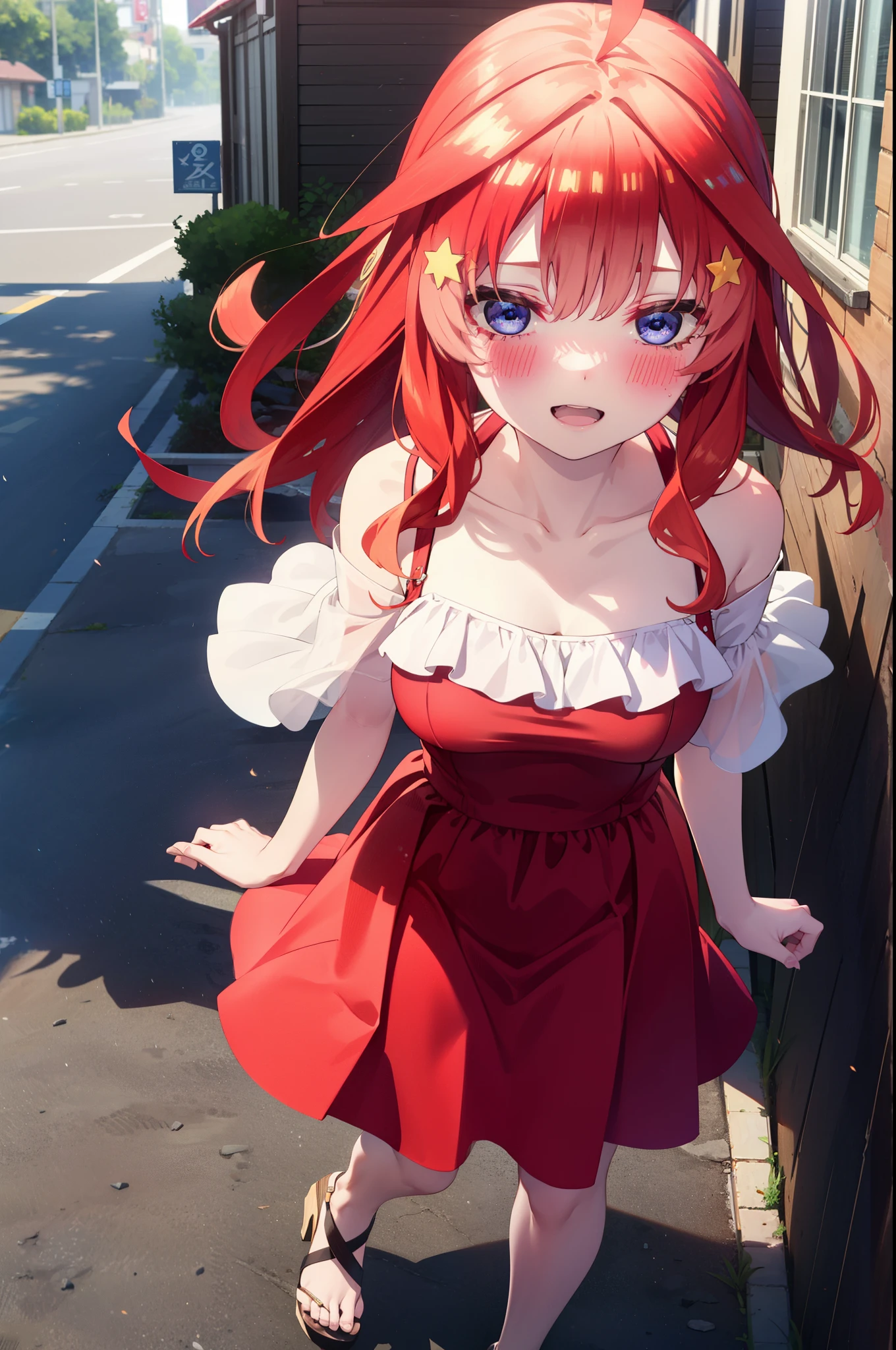 itsukinakano, Itsuki Nakano, bangs, blue eyes, Hair between the eyes, Ahoge, Redhead, star \(symbol\), hair ornaments, star hair ornaments,star型ペンダント,happy smile, smile, Open your mouth,Off-the-shoulder red dress,Exposing shoulders,Spring clavicle,Bare neck,Bare arms,Red long skirt,Cute heeled sandals,Real Summer,Daytime,sunny,My hair is blowing in the wind,whole bodyがイラストに入るように,Looking down from above,
break outdoors, city,海岸通り
break looking at viewer, whole body,
break (masterpiece:1.2), highest quality, High resolution, unity 8k wallpaper, (shape:0.8), (Beautiful details:1.6), Highly detailed face, Perfect lighting, Extremely detailed CG, (Perfect hands, Perfect Anatomy),
