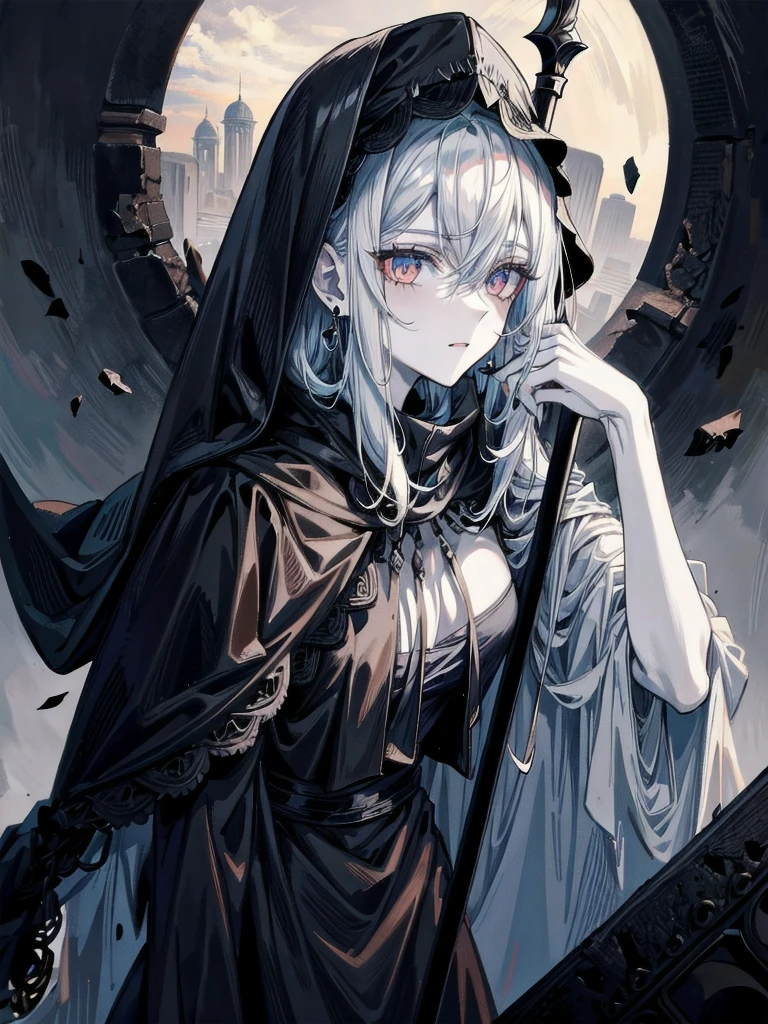 (ruined city), grim reaper, black scythe, robe, absurdres, RAW photo, extremely delicate and beautiful, masterpiece, Best Quality, ultra high resolution, 32k, hyperrealistic, ultra-detailed, detailed description, pale skin, 20 years old, tearful mole, earring, short medium hair, wavy hair, whole body shot,